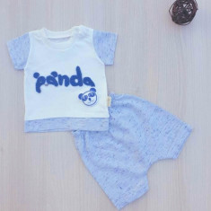 Compleu bebelusi tricou si pantaloni scurti panda alb cu bleu bumbac 0-9 luni