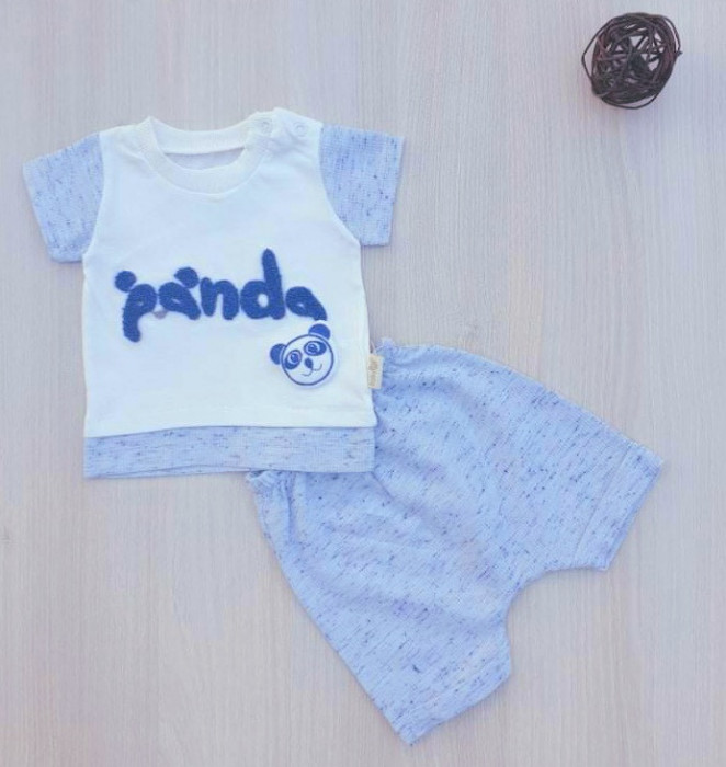 Compleu bebelusi tricou si pantaloni scurti panda alb cu bleu bumbac 0-9 luni