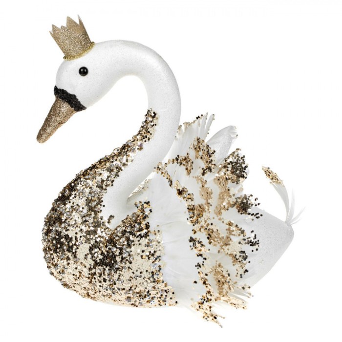 Figurină Decorativă Crăciun, Model Lebădă, Spumă Albă, Glitter Auriu, Coroană, 18cm