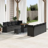 Set canapea gradina 11 piese cu perne negru ratan poly acacia, set dining gradina 3 piese cu perne negru ratan poly acacia