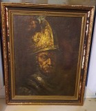 H485-Tablou ulei Omul cu casca de aur-Militar de epoca in uniforma interbelic dupa originalul din 1650 copie ucenici Rembrandt plavaj pictat nesemnat.