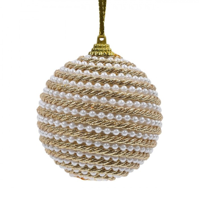Glob Brad Crăciun, Spumă, Cordon Răsucit Auriu, Perle Albe, Diametru 8cm, Auriu