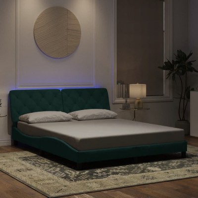 vidaXL Cadru de pat cu lumini LED, verde &amp;icirc;nchis, 160x200 cm, catifea 3213864 foto