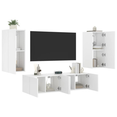 vidaXL Unități de perete TV cu LED-uri, 4 piese, alb, lemn prelucrat foto
