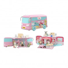 Set casa de papusi tip van, 2 in 1 autobuz si casa, 43 accesorii si mobilier, +3 ani, roz