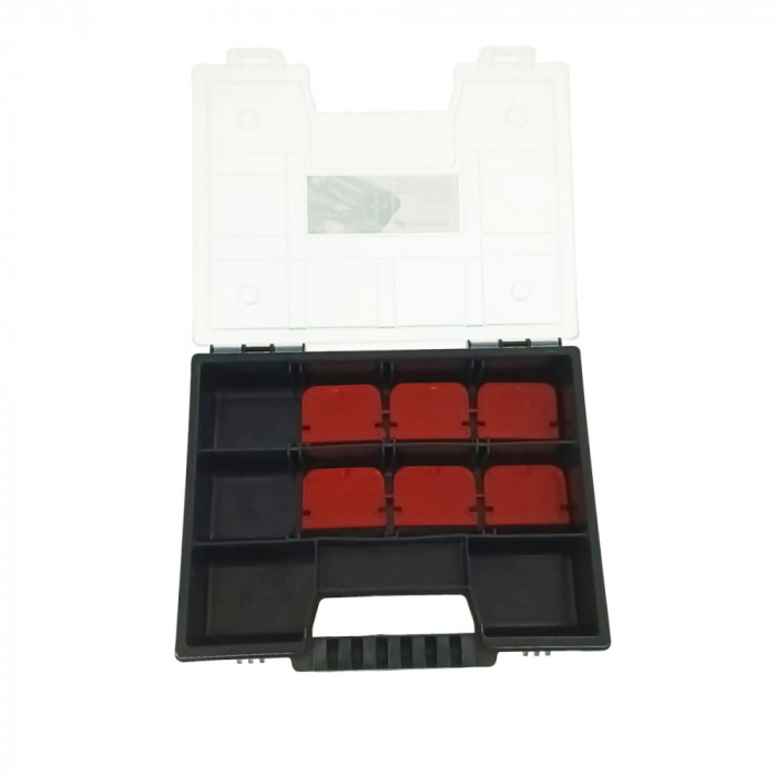 Organizator portabil cu maner, 10 compartimente cu despartitoare detasabile, 195x155x35mm, capac transparent, negru