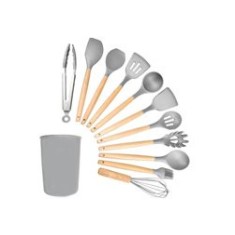 Set complet de accesorii pentru bucătărie, 12 buc., lemn/silicon, gri