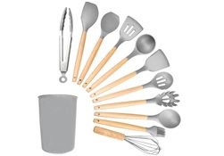 Set complet de accesorii pentru bucătărie, 12 buc., lemn/silicon, gri