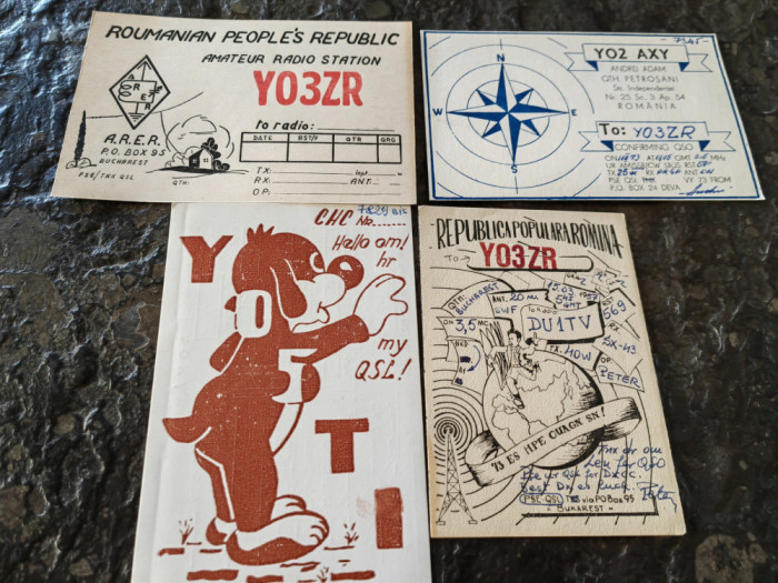 4 carti postale, radioamatori, rare, R.P.R., Anii 50-60, personalizate
