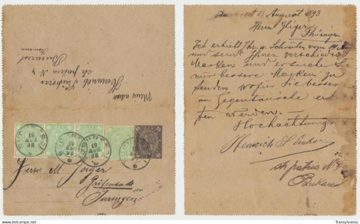 Romania 1893 intreg postal Cifra &amp; 4 timbre Cifra de 5 bani trimis spre Germania