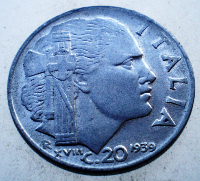 1.879 ITALIA WWII VITTORIO EMANUELE III 20 CENTESIMI 1939 R MAGNETIC