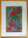 Maria T. Weber (n. 1938)-Garoafe roşii, pastel artist clujean, Flori, Impresionism