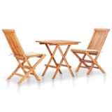 vidaXL Set bistro 3 piese cu perne crem, lemn masiv tec