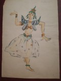 Schita costum balet, dans chinez, Spărgătorul de nuci 1959, Opera București, Muzica, Acuarela, Realism