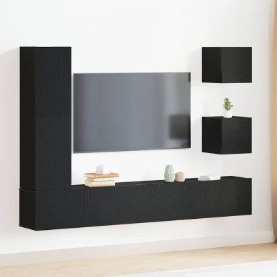 vidaXL Set Cabinet TV Pe perete 6 pcs Stejar negru 160 x 30 x 30.5 cm 3393460 foto