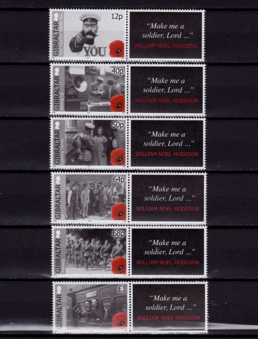 ✅(S16)Gibraltar 2014 ,&quot;100 de ani WW I &quot;, serie cu viniete,nominal &pound; 2.35, MNH