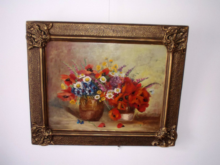 Angeolina SANTOCANO(1889-1969)&quot;Vase cu flori de camp&quot;, tablou ulei/panza78x67cm