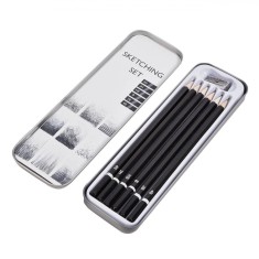 Set Creioane Schiță, 7 Bucăți, Culori Negru și Gri, Penar Metalic, Diverse Durețe