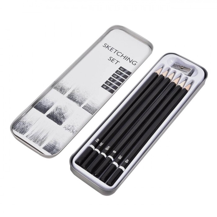 Set Creioane Schiță, 7 Bucăți, Culori Negru și Gri, Penar Metalic, Diverse Durețe