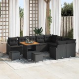 Set de canapele pentru grădină din 12 piese cu perne negre, din ratan sintetic, acacia