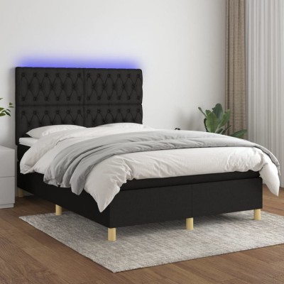 vidaXL Pat cu arcuri, saltea și LED, negru, 140x190 cm, textil 3135671 foto