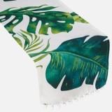 Runner de masă cu model frunze tropicale, 160x31 cm, alb cu verde, CMCLASS