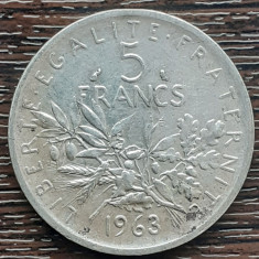 (A509) MONEDA DIN ARGINT FRANTA - 5 FRANCS 1963, SEMANATOAREA, 12 GRAME, AG 835