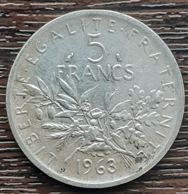 (A509) MONEDA DIN ARGINT FRANTA - 5 FRANCS 1963, SEMANATOAREA, 12 GRAME, AG 835 foto