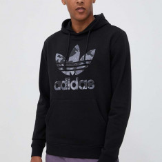 adidas Originals bluza barbati, culoarea negru, cu glugă, cu imprimeu