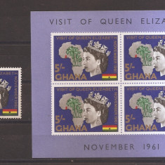 Ghana 1961 - Vizita regală a Reginei Elisabeta a II-a, timbru + Colita, MNH