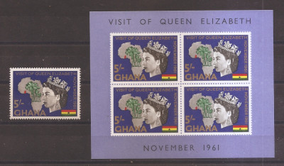 Ghana 1961 - Vizita regală a Reginei Elisabeta a II-a, timbru + Colita, MNH foto