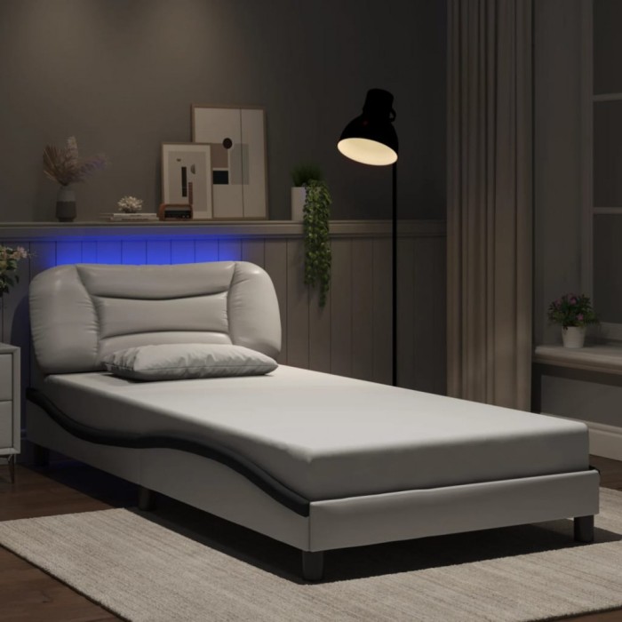 Cadru de pat cu lumini LED alb/negru 100x200 cm piele ecologică