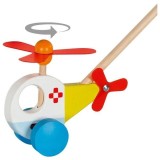 Elicopter din lemn Goki, jucarie de impins/tras, 15 cm, +18 luni