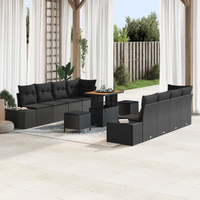 Gossi set de 11 piese pentru gradina cu perne negru poliratan acacia, Gossi sofa pentru gradina cu 2 locuri cu depozitare &amp;amp; perne negru poliratan, Gos foto