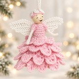 &Icirc;ngeraș croșetat handmade pentru brad, roz și alb, 12 cm