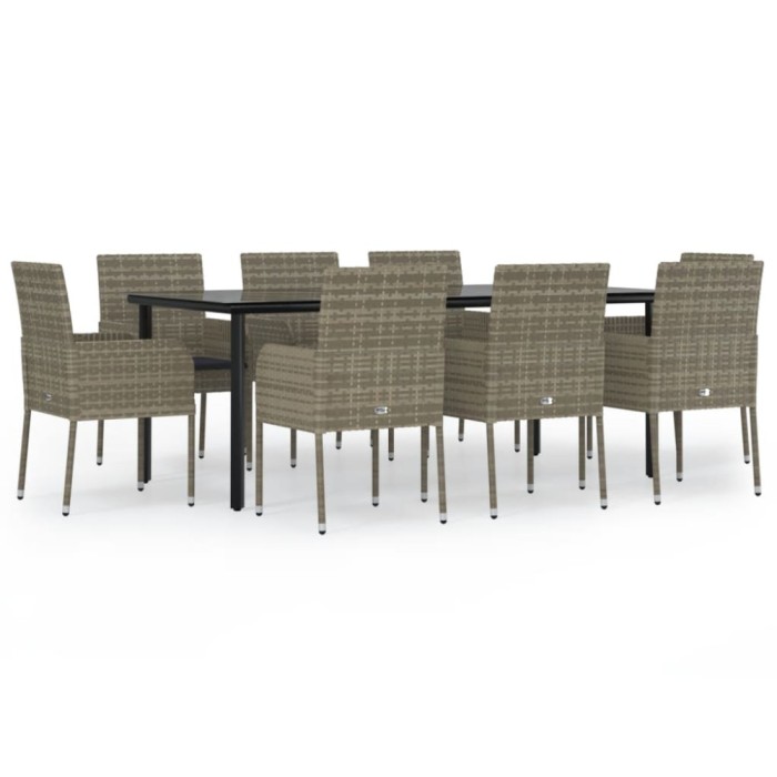 Set mobilier de gradina cu perne, 9 piese, negru/gri, poliratan