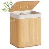 SONGMICS Cos de rufe cu capac, 2 compartimente, bambus, 120 l, pliabil, sac textil detasabil, 50x40x61 cm, maro natur Household NewTrend