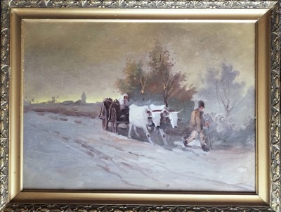 Car cu boi pe &amp;icirc;nserat &amp;ndash; pictură veche rom&amp;acirc;nească nesemnată foto