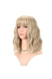 Perucă scurtă tip bob cu valuri blonde și franjuri aerisite, lungimea p&acirc;nă la umeri, pentru femei și fete, perucă sintetică ondulată pentru cosplay și