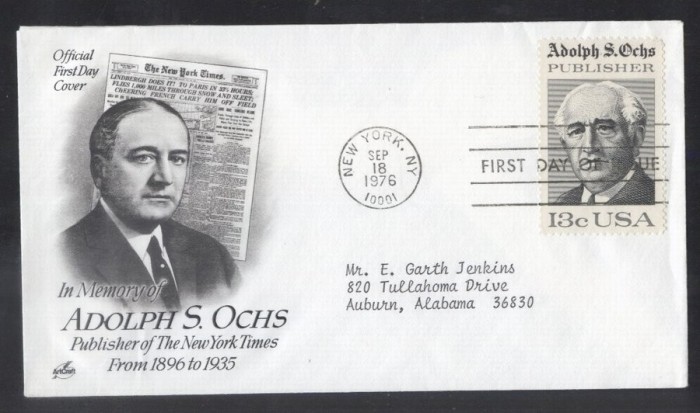 United States 1976 Adolph S Ochs FDC K.704
