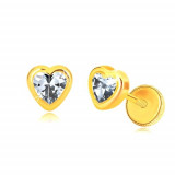 Cercei din aur galben 585 - contur de inimă simetrică, inimă din zirconiu strălucitor, &icirc;nchidere de tip fluturaș