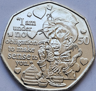 50 pence 2021 Isle of Man/ Insula Man, The Mad Hatter, Alice in Wonderland,aunc foto