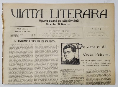 VIATA LITERARA , DIRECTOR G. MURNU , SAPTAMANAL , ANUL I , NR. 12 , 8 MAI , 1926 foto