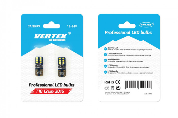 Bec de pozitie tip LED Canbus T10 W2.1x9.5 W5W, 12-24V 2W, 12SMD , culoare alb , Vertex, set 2 buc AutoDrive ProParts