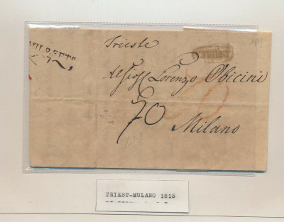 Italy 1815 Postal History Rare Stampless Cover Trieste to Milan DG.021 foto