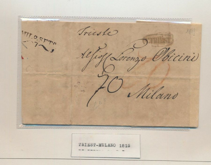 Italy 1815 Postal History Rare Stampless Cover Trieste to Milan DG.021