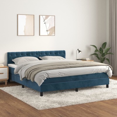 vidaXL Pat box spring cu saltea, albastru &amp;icirc;nchis, 160x200 cm, catifea 3141495 foto