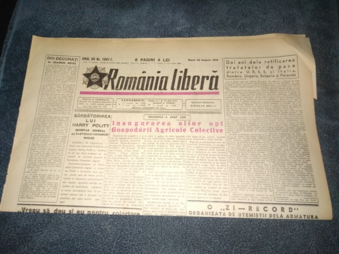 ZIARUL ROMANIA LIBERA 30 AUGUST 1949