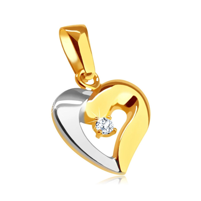 Pandantiv din aur 375 &icirc;n două culori - contur gros de inimă asimetrică, zirconiu