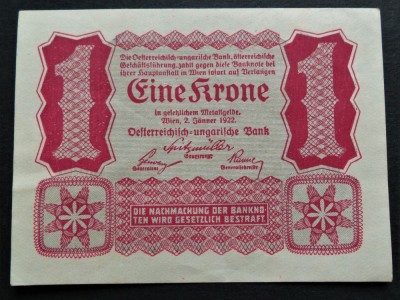 Bancnota istorica 1 COROANA/ KRONE - AUSTRIA, anul 1922 *cod 387 = A.UNC unifata foto